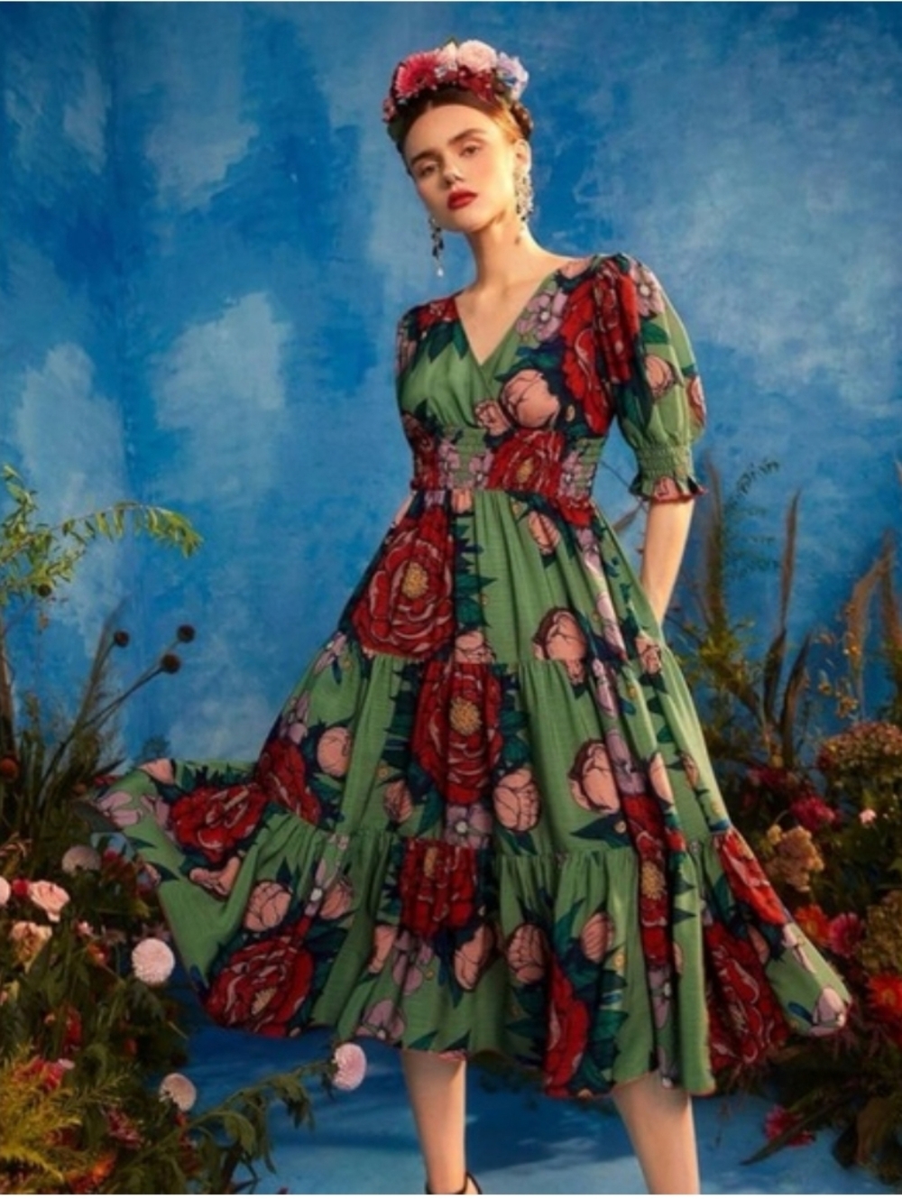 SHEIN Green Midi Dress with Pink & Blue Floral Print